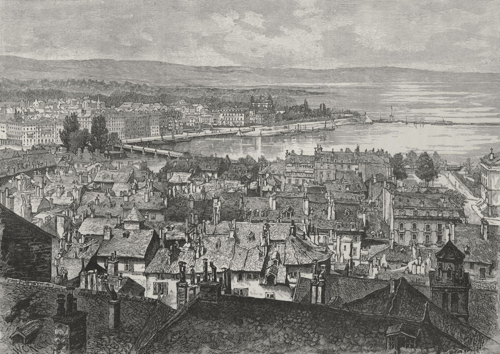 GENEVA. View of Geneva, looking towards the lake 1882 old antique print